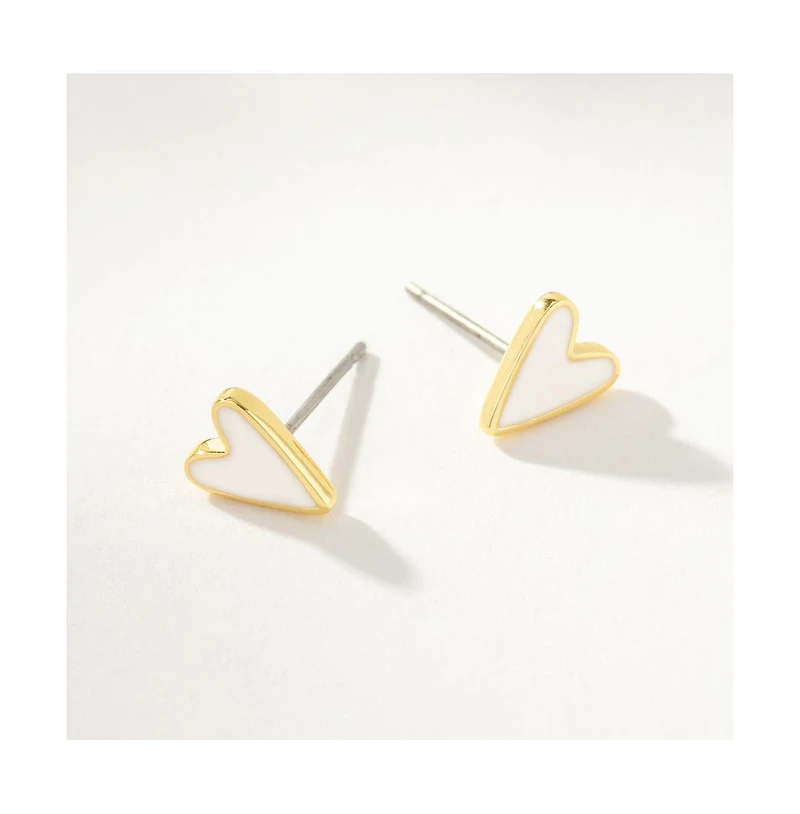 14K Gold-Plated, Enamel White Heart Stud Earrings
