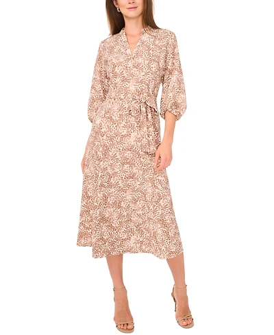 Vince Camuto Women's Printed Split-Neck Belted Midi Dress