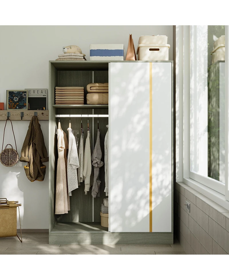 Modern high-quality grey wood color sliding door wardrobe, made of wood, with hanging clothes pole