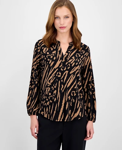 Ak Anne Klein Petite Split-Neck Animal-Print Top