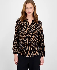 Ak Anne Klein Petite Split-Neck Animal-Print Top