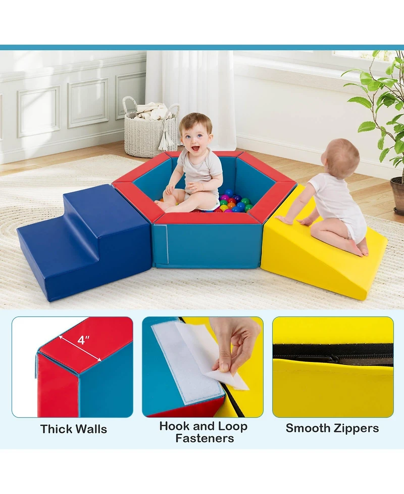 3 Pcs Baby Foam Climbing Blocks with Ball Pit Triangle Stair 100 Ocean Balls