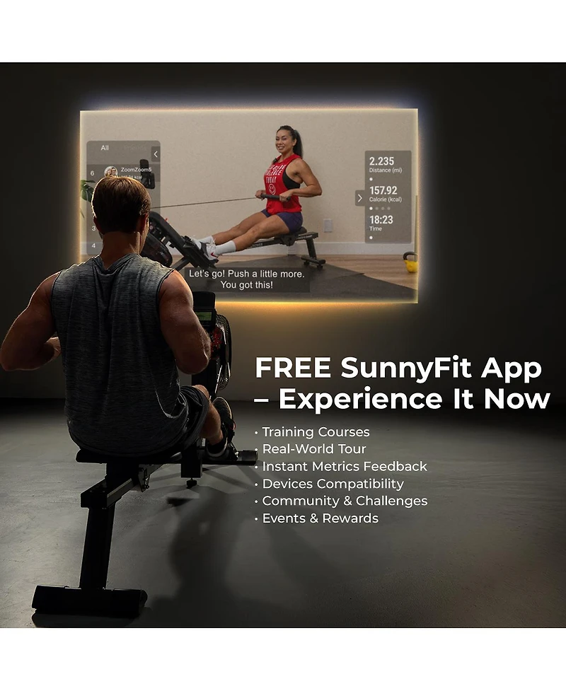 Sunny Health & Fitness Premium Smart Magnetic Air Rower, 300LB Weight Capacity, Free SunnyFit App w/ Bluetooth