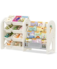 Sugift Kids Toy Organizer and Bookshelf, 2-in-1 Storage Shelf with 9 Bins & 4 Book Slots