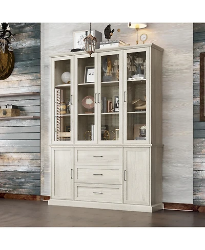 Homsee Modern gray white wood grain glass 6-door 3-drawer cabinet, storage cabinet, pantry