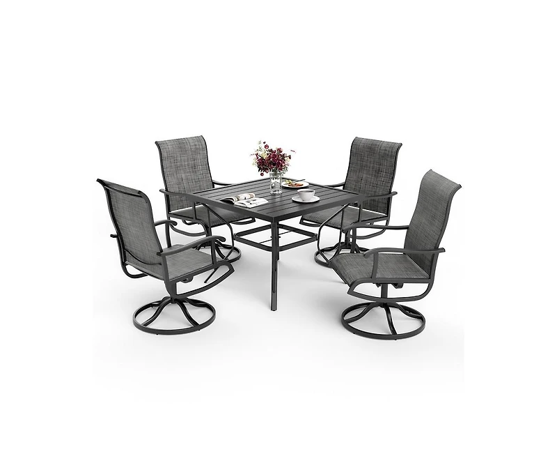 Outdoor 5-Piece Metal Patio Dining Set with and 4 Textilene Swivel Chairs and Square Table in Beige