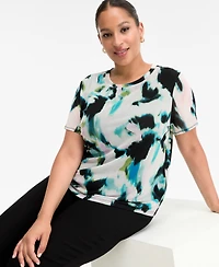 I.n.c. International Concepts Plus Printed Mesh Short-Sleeve Top, Macy's Exclusive