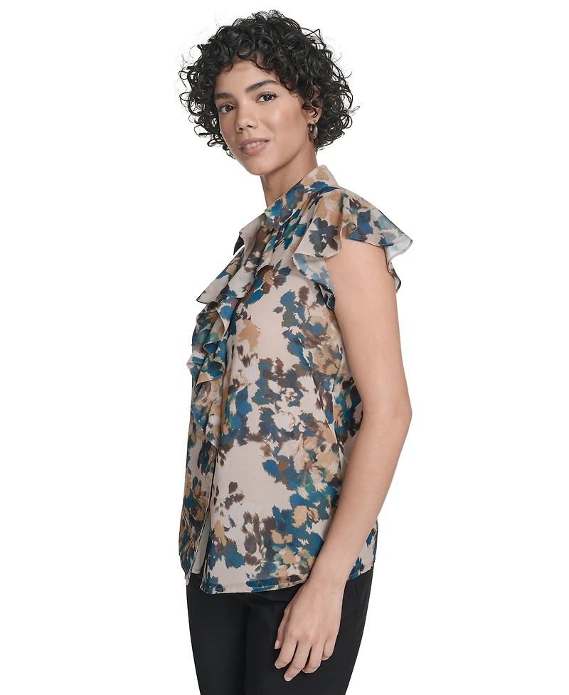 Calvin Klein Women's Printed Flutter-Sleeve Ruffle Blouse