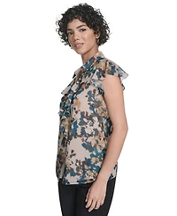 Calvin Klein Women's Printed Flutter-Sleeve Ruffle Blouse