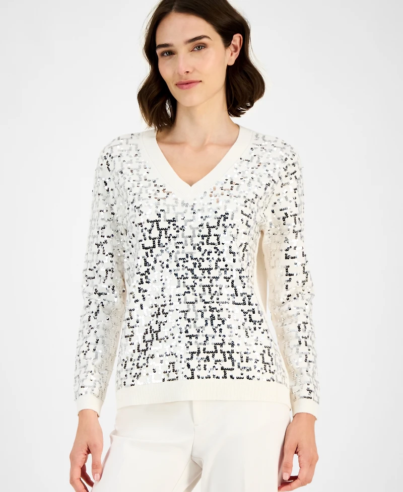 Anne Klein Women's Zig-Zag Sequin Sweater