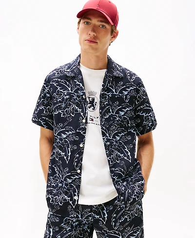 Tommy Hilfiger Men's Patterned Linen Button Up Short Sleeve Shirt