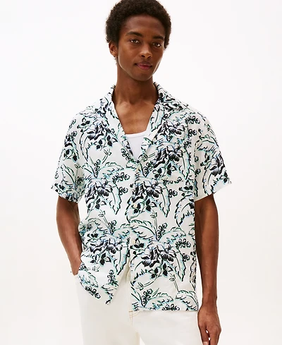 Tommy Hilfiger Men's Patterned Linen Button Up Short Sleeve Shirt