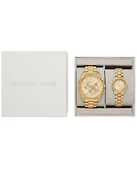 Michael Kors His and Hers Lexington Chronograph and Three-Hand Gold-Tone Stainless Steel Watch Gift Set, 44mm and 26mm
