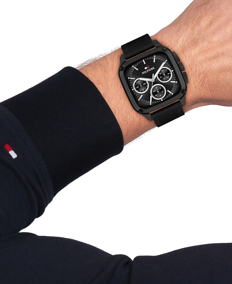 Tommy Hilfiger Men's Multifunction Black Leather Strap Watch, 39mm