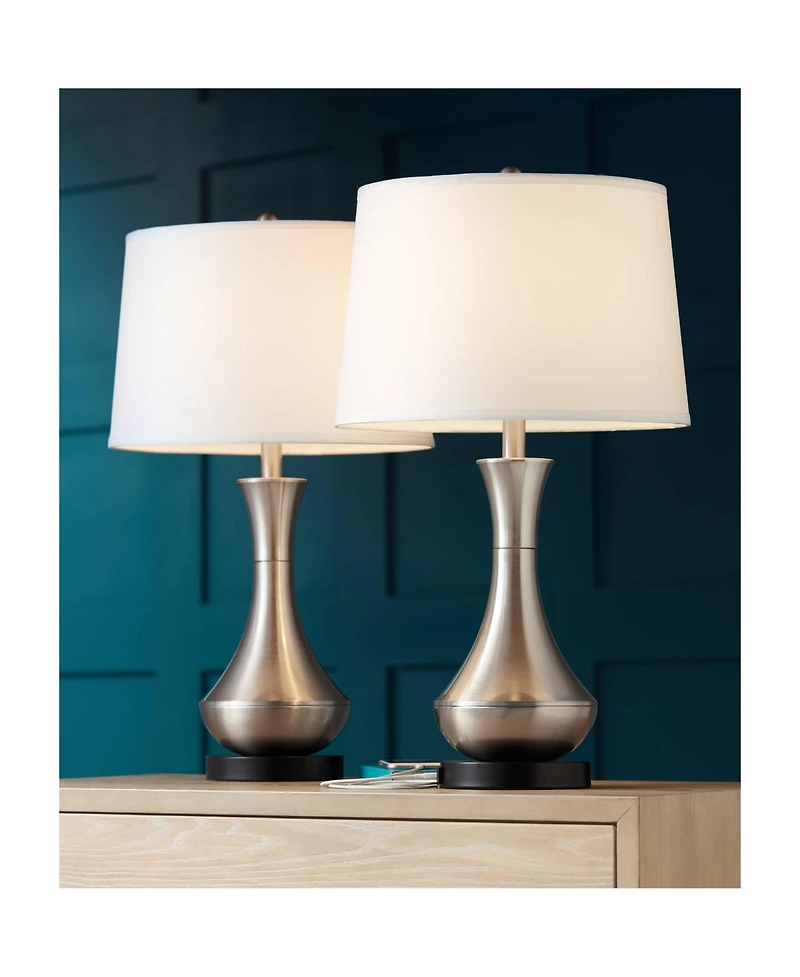 360 Lighting Simon Modern Table Lamps 25 1/2" High Set of 2 Brushed Nickel with Usb Charging Port White Fabric Drum Shade for Bedroom Living Room