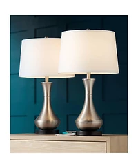360 Lighting Simon Modern Table Lamps 25 1/2" High Set of 2 Brushed Nickel with Usb Charging Port White Fabric Drum Shade for Bedroom Living Room