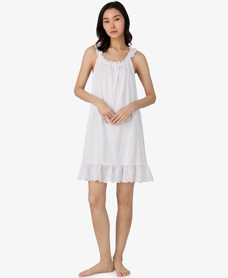 Lauren Ralph Women's Sleeveless Eyelet Ruffle Button Neck Nightgown