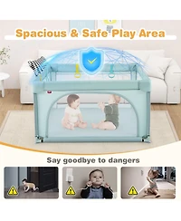 Gymax Toddler Playpen Large Activity Center w/ 50 Pcs Ocean Balls & 4 Pull Rings