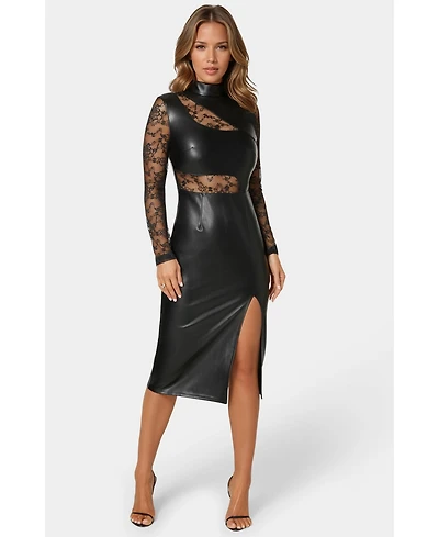 Bebe Women's Faux Leather Lace Illusion Midi Dress