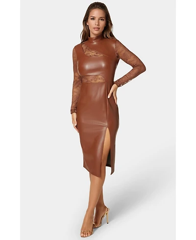 Bebe Women's Faux Leather Lace Illusion Midi Dress