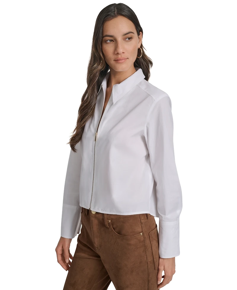 Dkny Jeans Women's Collared Cotton Poplin Zip-Front Shirt