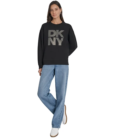 Dkny Jeans Women's Rhinestone Logo Cotton Crewneck Sweatshirt