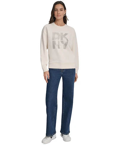 Dkny Jeans Women's Rhinestone Logo Cotton Crewneck Sweatshirt