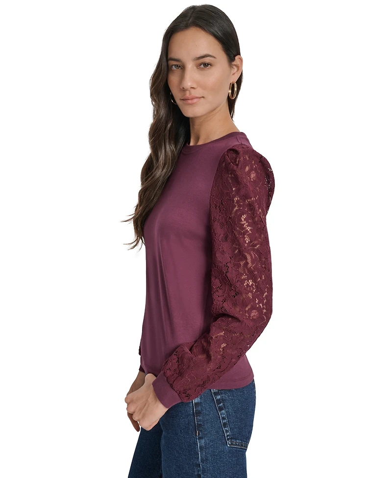 Dkny Jeans Women's Lace Puff-Sleeve Crewneck Top