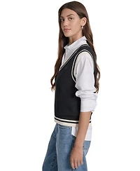 Dkny Jeans Women's Contrast Trim Cotton V-Neck Sleeveless Sweater