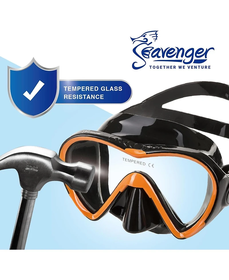 Seavenger Aviator Snorkeling Set: Single Window Mask, Snorkel, Fins & Bag - Black Silicone/Orange Xs/Xxs