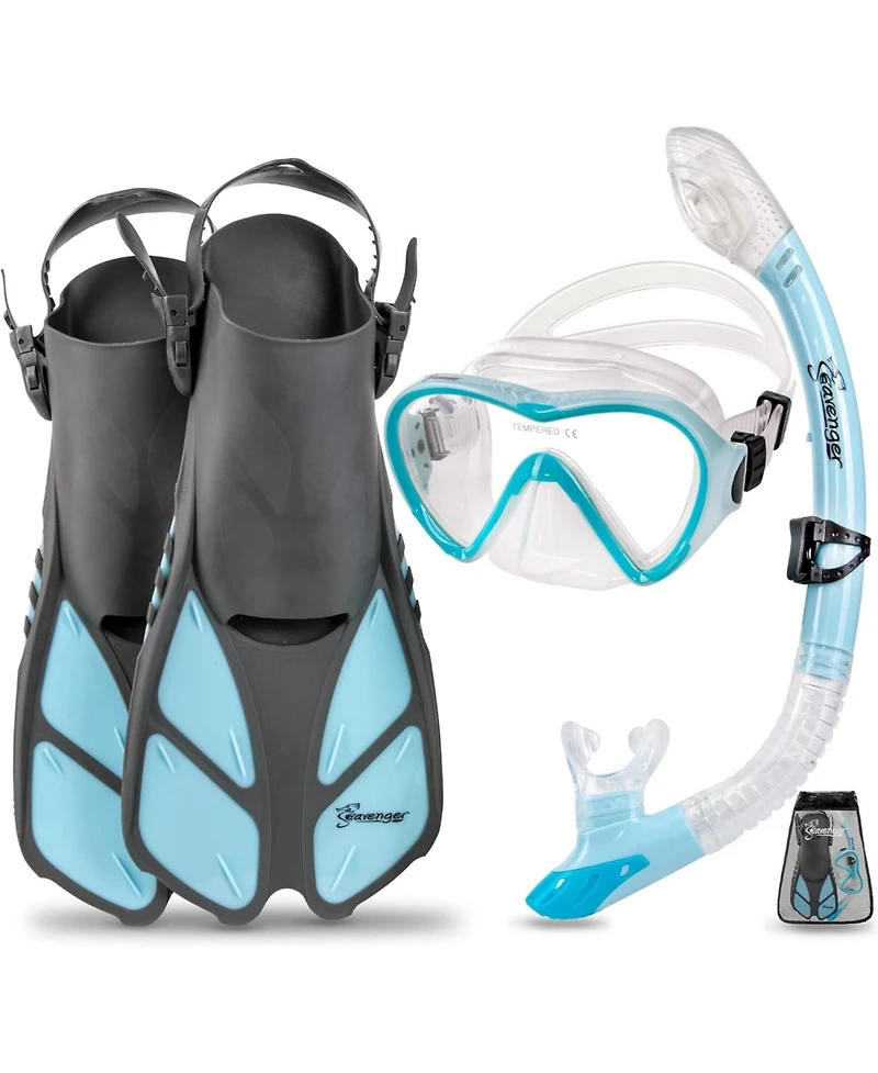 Seavenger Aviator Snorkeling Set: Single Window Mask, Snorkel, Fins & Bag - Clear Red S/M