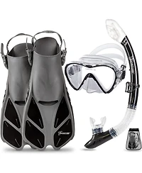 Seavenger Aviator Snorkeling Set: Single Window Mask, Snorkel, Fins & Bag - Clear Red S/M