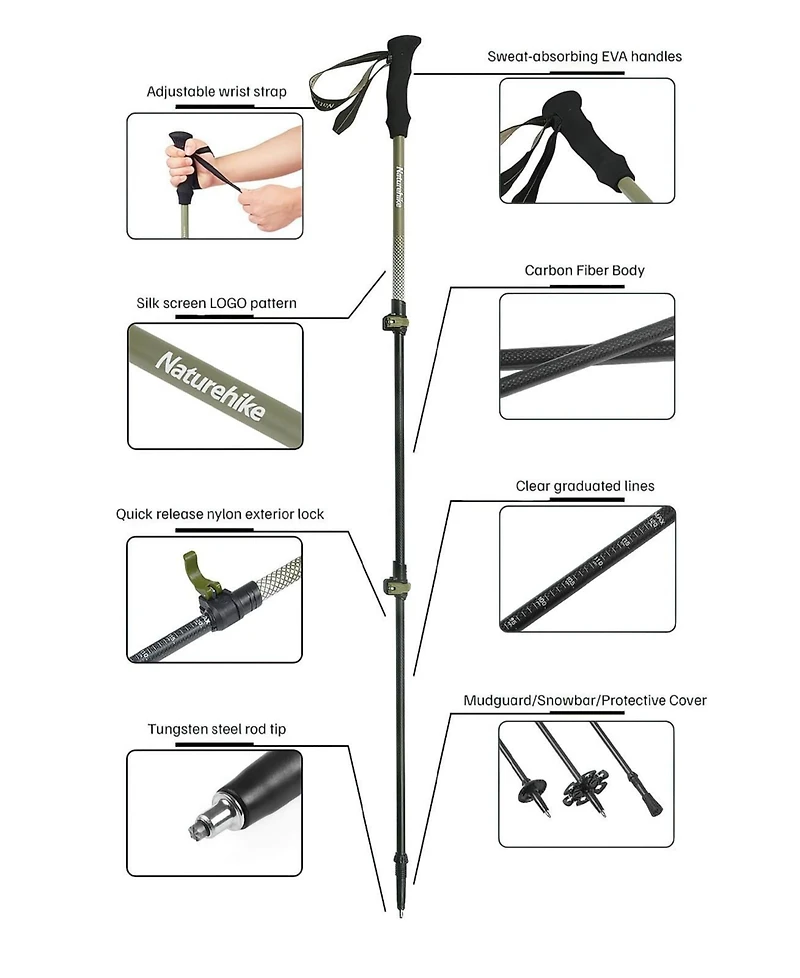 Naturehike 1pc Trekking Pole Carbon 169g Adjustable Ultra-Lightweight Hiking Sticks Walking Stick with Accessories for Outdoor,Navy Blue