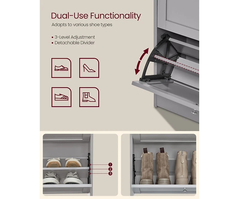 Songmics Home Shoe Cabinet with 3 Flip Drawers, Dove Gray