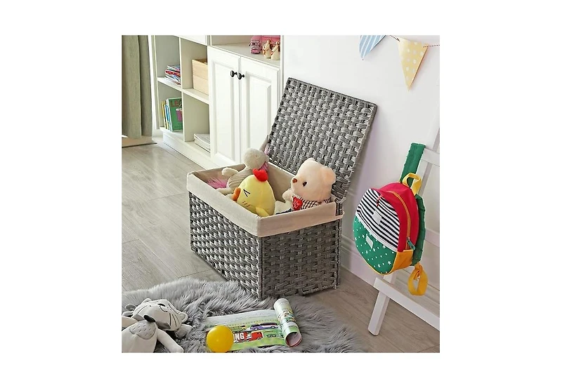 Songmics Home Storage Basket with Lid – 17.2 Gallons (65L) Foldable Woven Bin with Handles, Metal Frame & Removable Liner for Blankets