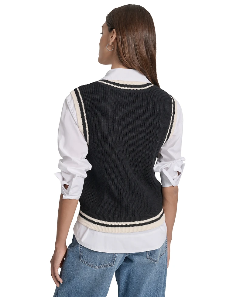 Dkny Jeans Women's Contrast Trim Cotton V-Neck Sleeveless Sweater