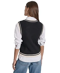 Dkny Jeans Women's Contrast Trim Cotton V-Neck Sleeveless Sweater