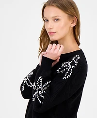 T Tahari Women's Floral-Embroidered Crewneck Sweater