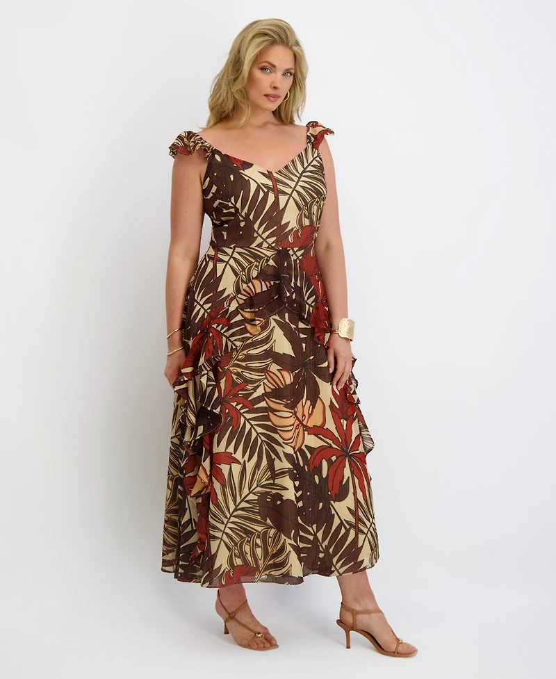 Siena Plus Flutter-Sleeve Printed Chiffon Maxi Dress