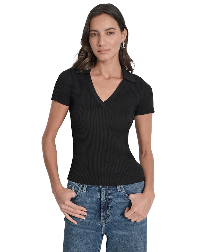 Dkny Jeans Womens Ribbed V-Neck Polo Sweater