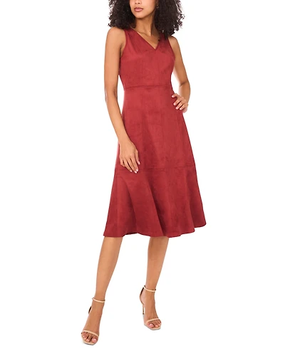 Vince Camuto Women's Faux-Suede Seamed V-Neck Sleeveless Midi Dress