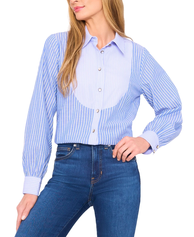 CeCe Women's Striped Cotton Shirt with Heart Buttons