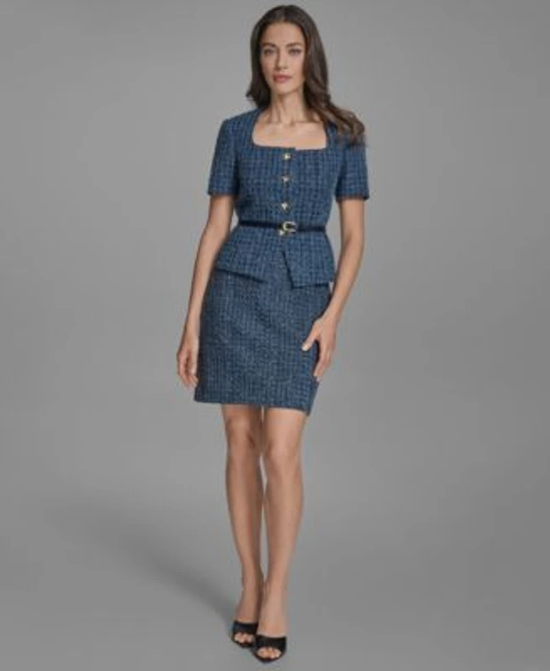 Bcbg Womens Cotton Tweed Belted Short Sleeve Jacket Cotton Tweed Mini Pencil Skirt