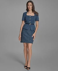 Bcbg Womens Cotton Tweed Belted Short Sleeve Jacket Cotton Tweed Mini Pencil Skirt