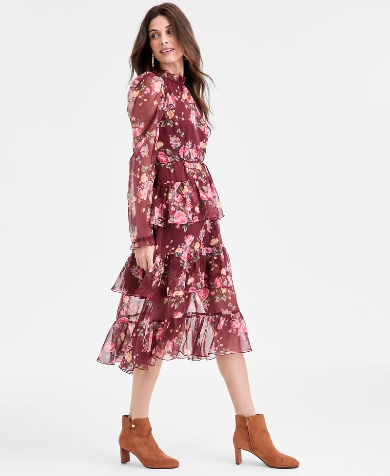 Seni & Cade Juniors' Floral Ruffle-Tiered Tie-Waist Midi Dress