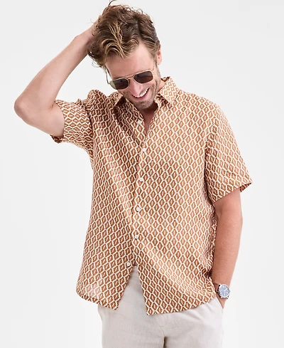 Club Room Men's Short-Sleeve Tonelle Geo-Print Linen Shirt, Macy's Exclusive