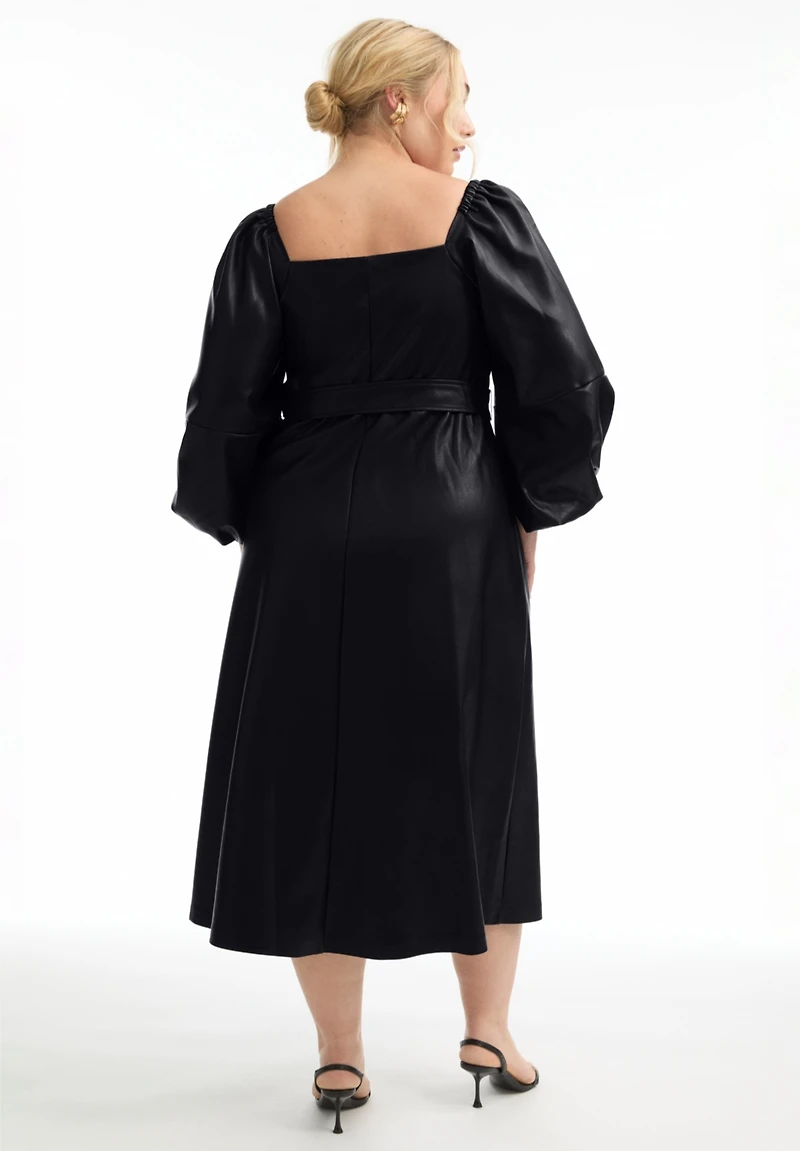June + Vie Women's Puff Sleeve Faux Leather Midi Dress