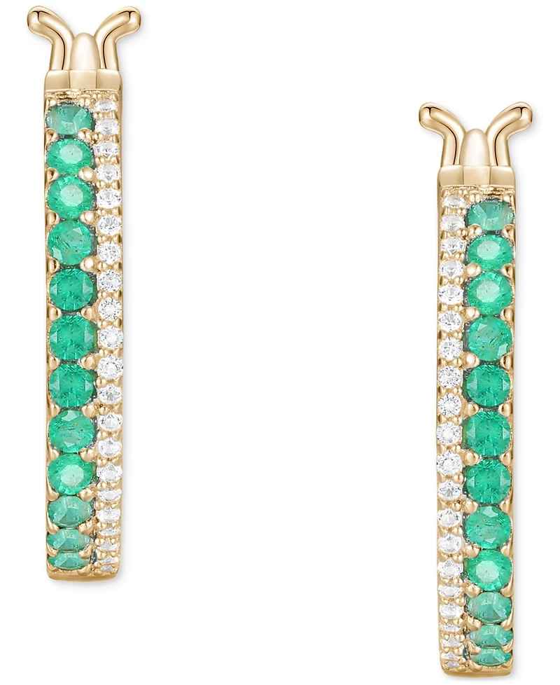 Emerald (3/8 ct. t.w.) & Diamond (1/8 Double Row Small Hoop Earrings 14k Gold-Plated Sterling Silver, 0.75"