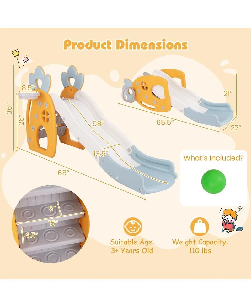Akiudex foldable slide with basketball hoop and buffer zone for kids aged 3+ years old