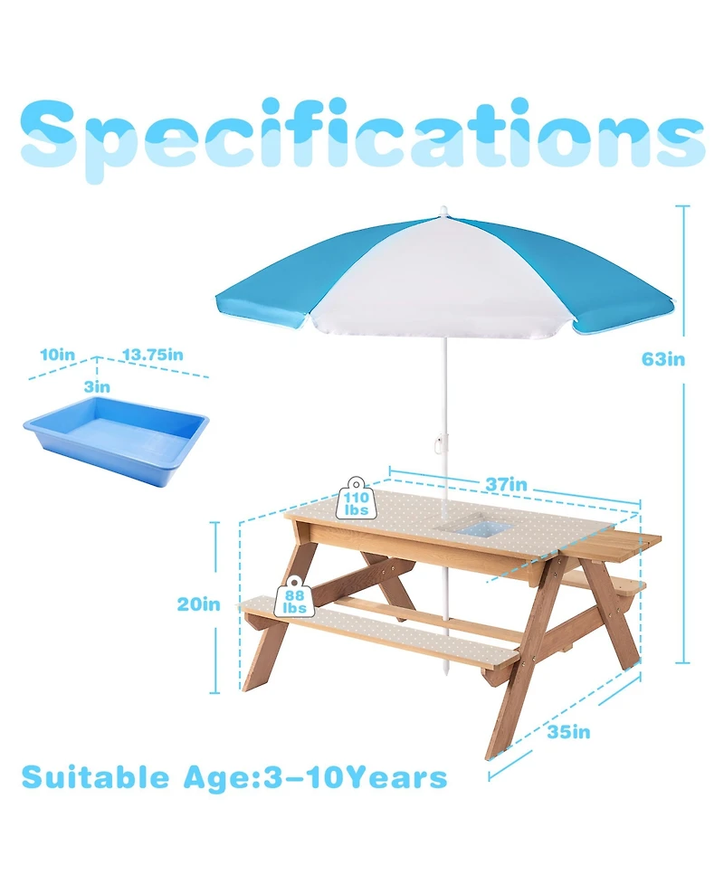 Cesicia 3-in-1 Kids Outdoor Wooden Picnic Table With Umbrella, Convertible Sand & Wate